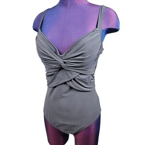 Diva by Rachel Pappo Gray Twist Front One Piece Swimsuit D Cup Size 10 Women's